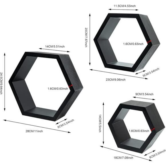 Set of 3 hexagon wall shelves wood floating honeycomb shelf rustic wall decor - Picture 3 of 8